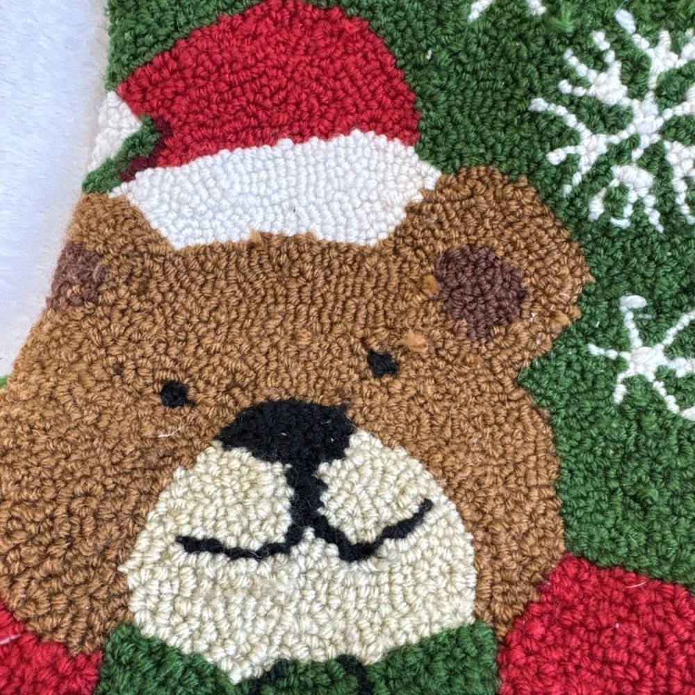 Vintage Style Hooked Wool Christmas Stocking Teddy Bear Santa Hat Snowflakes Red